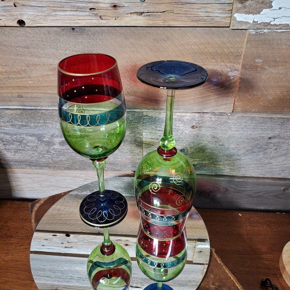 Vintage 90's Handpainted Crystal Christmas Bordeaux Wine Glasses - Pair - Picture 3 of 7